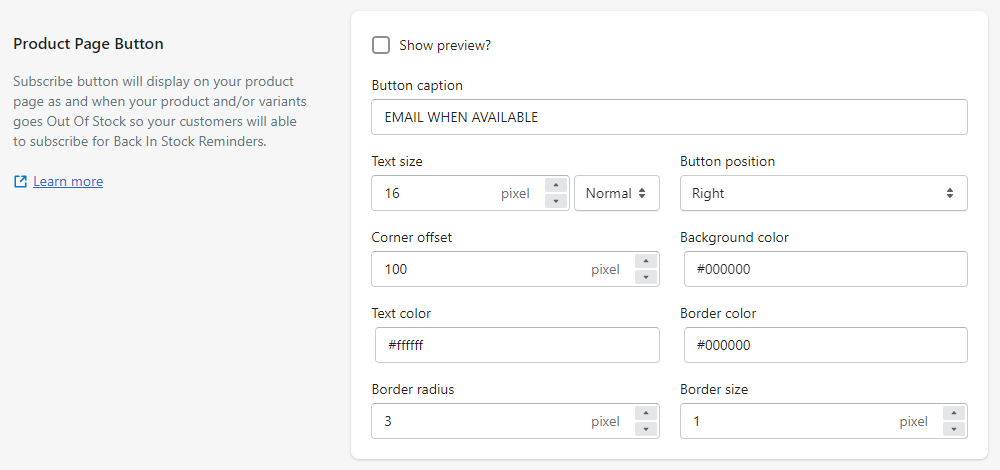 Back In Stock Settings Product Page Button