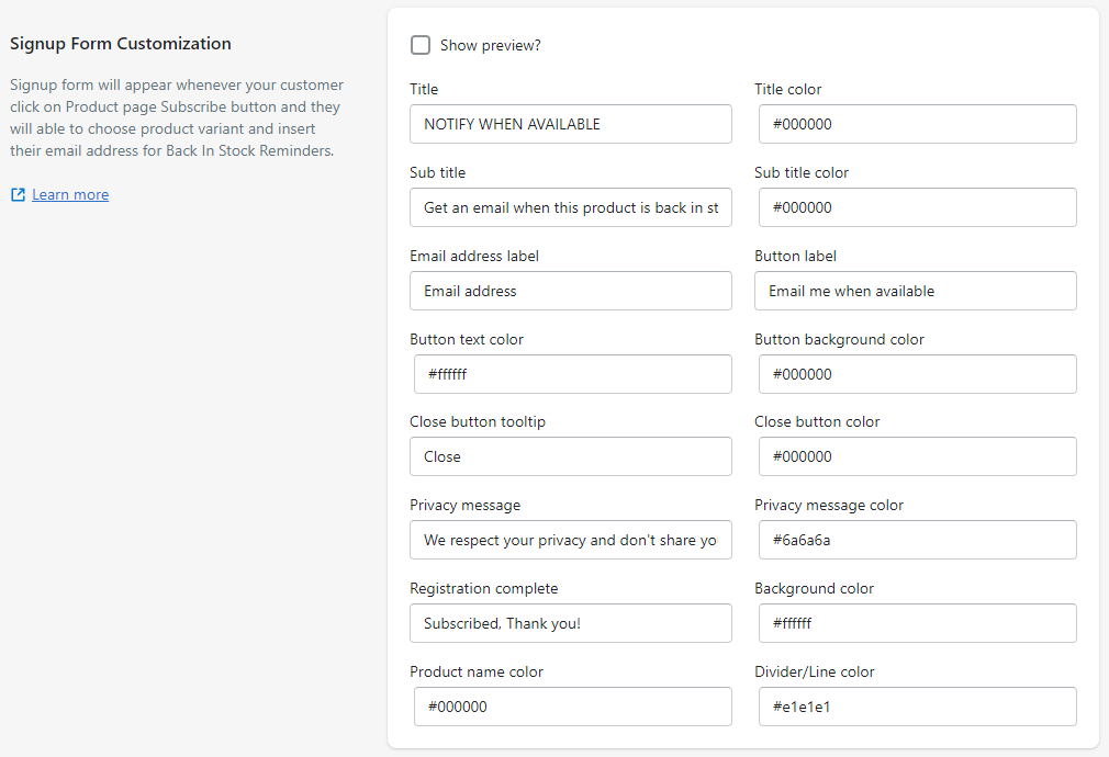 Back In Stock Settings Signup Form Customization