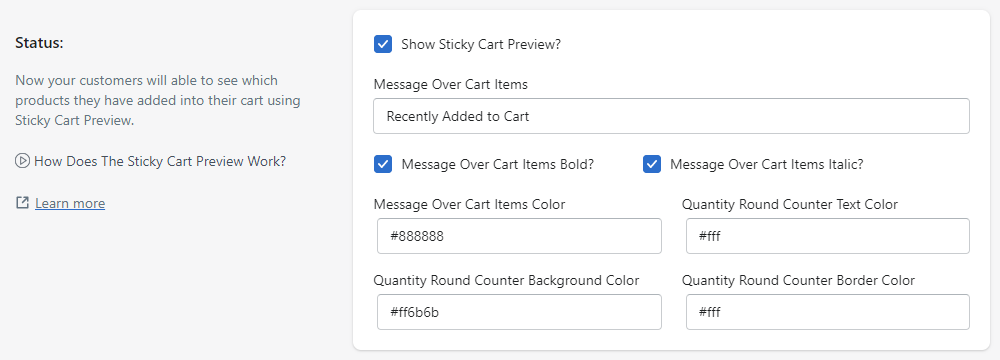 Sticky Cart Preview Status